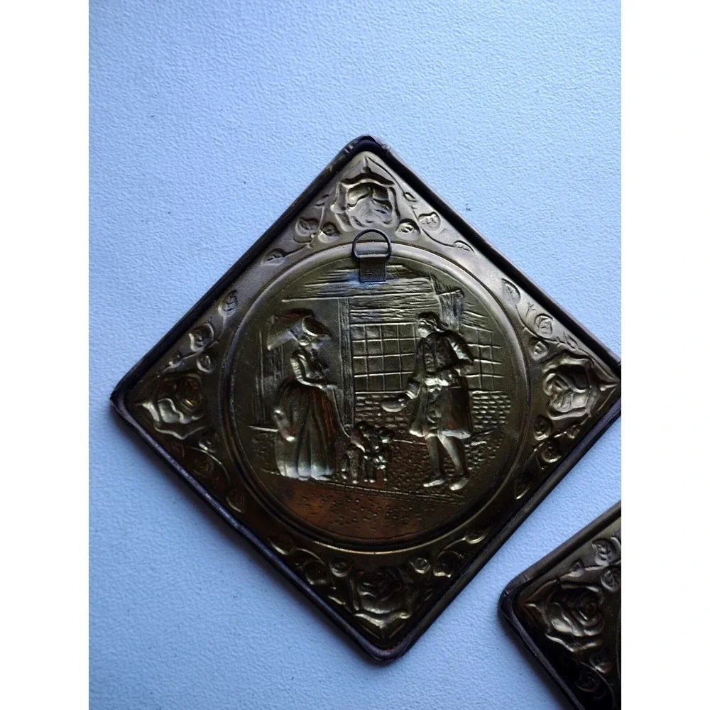 Vintage Elpec England Diamond Shaped Embossed Brass Wall Hanging ×2‎